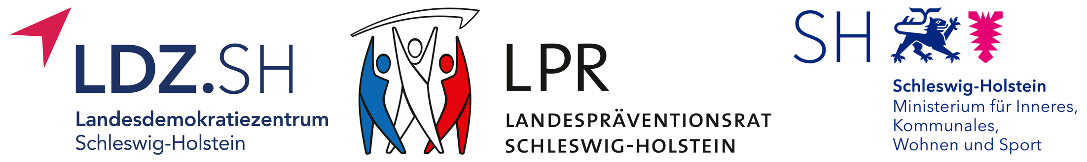 Logos des Landesdemokratiezentrums Schleswig-Holstein, des Landespräventionsrats Schleswig-Holstein und des Ministeriums für Inneres, Kommunales, Wohnen und Sport des Landes Schleswig-Holstein